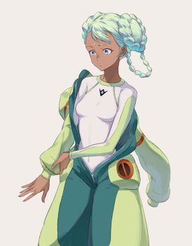 1girl bindi blue_eyes bodysuit braid covered_navel dark-skinned_female dark_skin female_focus green_hair guchico gundam gundam_g_no_reconguista raraiya_monday solo sweat twin_braids undressing