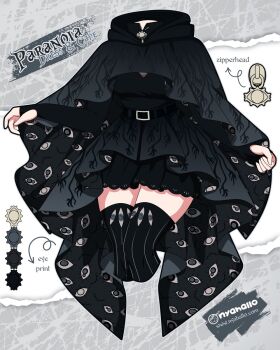 1girl artist_name belt black_dress black_socks cape clothes_focus clothing_request dress highres hood nyahallo original socks solo