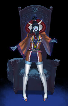 Rule 34 | 1girl, belt, black hair, blue skin, breasts, colored skin, commentary request, dragon quest, dragon quest iii, full body, genderswap, genderswap (mtf), highres, jewelry, long hair, nail polish, necklace, pigeon-toed, ponytail, purple nails, revision, sakamoto kengo, smile, solo, thighhighs, throne, uneven eyes, yellow eyes, zettai ryouiki, zoma