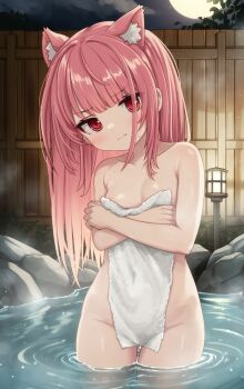 1girl absurdres animal_ear_fluff animal_ears blush breasts cat_ears cat_girl closed_mouth coco_(comodox) commentary comodox covering_privates english_commentary extra_ears fang fang_out full_moon groin highres lantern long_hair looking_at_viewer moon night nude_cover onsen original paid_reward_available pink_hair red_eyes skin_fang small_breasts solo towel wading water wavy_mouth