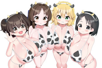 4girls :d :o akagi_miria alternate_breast_size_(larger) animal_ear_hairband animal_ears animal_print areola_slip bikini black_hair blonde_hair breasts brown_eyes brown_hair closed_mouth cow_ear_hairband cow_ears cow_horns cow_print cow_print_bikini fake_animal_ears fake_horns green_eyes hairband horns huge_breasts idolmaster idolmaster_cinderella_girls idolmaster_cinderella_girls_u149 light_blush loli long_hair looking_at_viewer multiple_girls nagashima_(nagatol) nipple_slip nipples open_mouth oppai_loli parted_lips print_bikini sakurai_momoka sasaki_chie short_hair simple_background smile swimsuit tachibana_arisu white_background