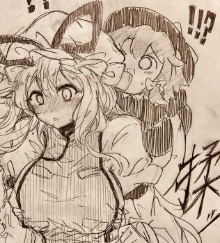 ! !! !? 2girls absurdres blush bow breasts capelet chibi collared_shirt commentary_request dress efukei grabbing_another's_breast greyscale groping hair_bow hat hat_bow hat_ribbon highres large_breasts long_arms long_hair mob_cap monochrome multiple_girls open_mouth ribbon shirt sketch skirt sweat tabard touhou traditional_media upper_body usami_renko yakumo_yukari