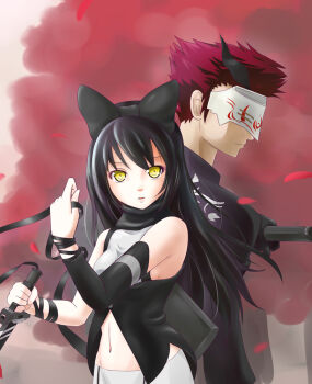 1boy 1girl adam_taurus black_hair blake_belladonna boots breasts gun highleg long_hair machine_pistol mask red_hair ribbon rwby scarf sword weapon yellow_eyes