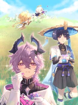 &gt;_&lt; 0_0 1girl 3boys aether_(genshin_impact) black_bodysuit black_bow black_bridal_gauntlets black_cape black_gauntlets black_hair black_horns black_pants black_shirt black_shorts blonde_hair blue_cape blue_gemstone blue_hat blue_kimono blue_sky blue_sleeves blunt_ends blush bodysuit bow braid bridal_gauntlets bright_pupils candy cape capelet chasing cheek_bulge chest_jewel cleavage_cutout closed_eyes closed_mouth clothing_cutout cloud cloudy_sky commentary covered_collarbone cropped_shirt dragon_boy dragon_horns english_commentary eyeliner eyeshadow facial_mark feathers flying food forehead_mark furisode gem genshin_impact gloves gold gold_halo gold_ring grass hakama hakama_shorts halo hands_up hat heart-shaped_gem highres holding holding_candy holding_food horns japanese_clothes jingasa juban kimono layered_sleeves leg_warmers long_hair long_sleeves looking_at_viewer low-braided_long_hair low-tied_long_hair makeup mandarin_collar mechanical_halo middle_ring mini_durin_(genshin_impact) mini_durin_(human)_(genshin_impact) motion_blur multiple_boys open_clothes open_kimono open_mouth outdoors outstretched_arm paimon_(genshin_impact) pants pink_gemstone pleated_shorts purple_eyes purple_hair purple_horns purple_sash red_eyeliner red_eyeshadow romper running sash scaramouche_(genshin_impact) shirt short_hair short_sleeves shorts shoulder_peek sky sparkle sparkling_eyes tsurime two-sided_horns vision_(genshin_impact) viviwi wanderer_(genshin_impact) white_capelet white_gloves white_hair white_kimono white_leg_warmers white_pupils white_romper white_sleeves white_trim wispy_bangs yellow_feathers