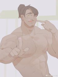 Rule 34 | 1boy, abs, bara, brown hair, facial hair, finger to cheek, food, food on face, goatee stubble, hairy, high ponytail, highres, index finger raised, kn (10112650), large pectorals, looking at viewer, male focus, muscular, muscular male, navel, nipples, nude, original, pectorals, short hair, solo, sparse arm hair, sparse chest hair, stomach, stubble, upper body