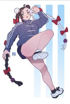 1girl artist_logo black_hair black_socks blue_jacket bow braid bun_cover character_request commentary copyright_request double_bun full_body green_eyes hair_bow hair_bun hair_ornament hairclip highres jacket leg_up logo long_hair mole mole_under_eye multicolored_hair open_mouth parallel_hairclips poch4n red_bow shoe_soles sidelocks socks solo teeth thighs twin_braids two-tone_hair upper_body upper_teeth_only v-shaped_eyebrows white_hair