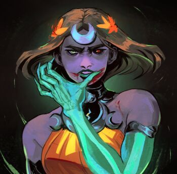 1girl ancient_greek_clothes asymmetrical_arms black_sclera blonde_hair blood blood_on_mouth bone breasts colored_sclera dress greco-roman_clothes green_eyes green_lips hades_(series) hades_2 heterochromia highres laurel_crown majinidoods melinoe_(hades) mismatched_sclera orange_dress red_eyes see-through_body short_hair skeletal_arm solo upper_body