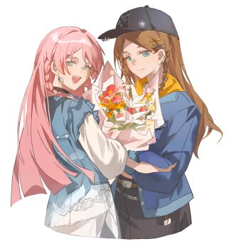 2girls :d absurdres artist_request bang_dream! bang_dream!_it's_mygo!!!!! baseball_cap belt black_hat black_skirt blue_eyes blue_jacket blunt_ends bouquet braid brown_hair chihaya_anon chinese_commentary commentary_request commission cowboy_shot denim denim_jacket dress earrings fang flower hair_ornament hairclip hat highres holding holding_bouquet jacket jewelry long_hair long_sleeves looking_at_viewer looking_back multiple_girls nagasaki_soyo open_mouth pink_flower pink_hair second-party_source simple_background skirt smile standing white_background white_dress yellow_flower