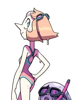 2girls alternate_costume amethyst_(steven_universe) blue_eyes colored_skin discount-supervillain forehead_jewel gem goggles goggles_on_head highres multiple_girls one-piece_swimsuit orange_hair pearl_(species)_(steven_universe) pearl_(steven_universe) pointy_nose short_hair smile steven_universe swimsuit toon_(style)