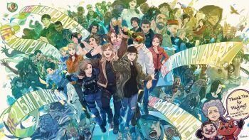 6+boys 6+girls ada_wong albert_wesker alcina_dimitrescu annette_birkin ashley_graham carlos_oliveira champagne_bottle character_request chris_redfield claire_redfield dual_persona ethan_winters eveline everyone hat in-franchise_crossover jack_baker jack_krauser jacket jill_valentine karl_heisenberg leon_s._kennedy luis_sera merchant_(resident_evil) mia_winters milestone_celebration monster mother_miranda mr._x_(resident_evil) multiple_boys multiple_girls nemesis_(resident_evil) official_art osmund_saddler party_popper police police_uniform ramon_salazar resident_evil resident_evil_2 resident_evil_2_(remake) resident_evil_3:_nemesis resident_evil_3_(remake) resident_evil_4 resident_evil_4_(remake) resident_evil_7:_biohazard resident_evil_village rosemary_winters sherry_birkin the_duke_(resident_evil) william_birkin zoe_baker zombie