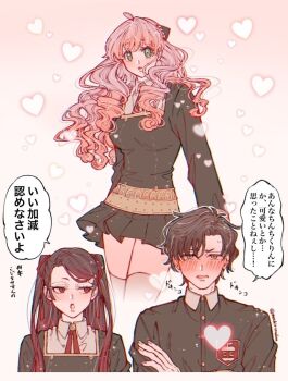 1boy aged_up anya_(spy_x_family) becky_blackbell black_dress black_hair blush brown_eyes commentary_request damian_desmond dress eden_academy_school_uniform green_eyes hairpods long_hair long_sleeves looking_at_viewer mochirioudon multiple_girls open_mouth parted_bangs pink_hair school_uniform shirt short_hair spy_x_family translation_request