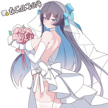 Rule 34 | 1girl, backless dress, backless outfit, bare back, blue eyes, blush, bouquet, breasts, bride, closed mouth, colored inner hair, commentary, cowboy shot, double-parted bangs, dress, elbow gloves, flower, gloves, hair between eyes, highres, holding, holding bouquet, imzecheon, indie virtual youtuber, korean commentary, korean text, large breasts, long hair, looking at viewer, multicolored hair, pink flower, rapid17, simple background, smile, solo, thighhighs, translation request, virtual youtuber, wedding dress, white background, white dress, white gloves, white thighhighs
