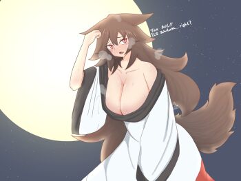1girl animal_ears blush breasts brown_hair commentary_request dress english_text fang huge_breasts imaizumi_kagerou long_hair long_sleeves looking_at_viewer night open_mouth red_ribbon ribbon signature sky slit_pupils solo star_(sky) starry_sky tail touhou two-tone_dress warosufox wide_sleeves wolf_ears wolf_girl wolf_tail
