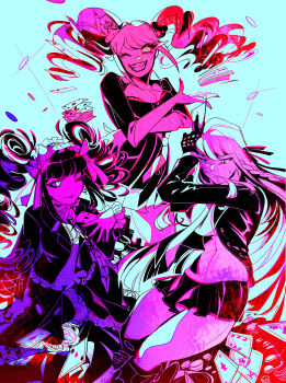 3girls ;d absurdres bear_hair_ornament black_dress black_skirt blue_background breasts card celestia_ludenberg cleavage commentary commission danganronpa_(series) deck_of_cards dress drill_hair english_commentary enoshima_junko gloves grin hair_ornament highres holding holding_card kirigiri_kyoko looking_at_viewer multiple_girls nemirutami one_eye_closed open_mouth poker_chip skirt smile sweatdrop tongue tongue_out twin_drills twintails