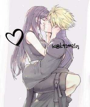 1boy 1girl bare_shoulders black_hair black_shorts black_vest blonde_hair blue_eyes blush breasts carrying carrying_person closed_eyes closed_mouth cloud_strife commentary_request couple cowboy_shot crop_top detached_sleeves feet_out_of_frame final_fantasy final_fantasy_vii final_fantasy_vii_advent_children from_side hand_on_another&#039;s_head heart kiss large_breasts leg_lock long_hair looking_at_another mugikoma profile ribbed_shirt shirt short_hair shorts single_detached_sleeve single_shoulder_pad sleeveless sleeveless_shirt smile spiked_hair tifa_lockhart vest