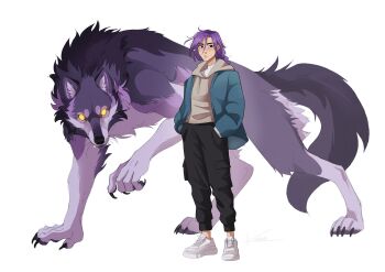 1girl black_pants braid braided_ponytail claws commentary full_body highres hood hoodie jacket kinschi kpop_demon_hunters looking_at_viewer pants purple_hair rumi_(kpop_demon_hunters) shoes simple_background sneakers white_background wolf yellow_eyes