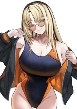 1girl absurdres alternate_costume black_jacket black_one-piece_swimsuit black_streaks blonde_hair breasts cleavage closed_mouth competition_swimsuit covered_navel curtained_hair fang hands_up highleg highleg_one-piece_swimsuit highres hololive hololive_dev_is hug jacket koganei_niko long_hair looking_at_viewer mole mole_on_shoulder multicolored_hair off_shoulder one-piece_swimsuit orange_jacket round_eyewear si_farid simple_background skin_fang slit_pupils smile solo straight_hair streaked_hair sunglasses swimsuit two-sided_fabric two-sided_jacket virtual_youtuber white_background