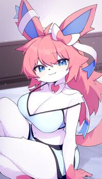 1girl :3 absurdres animal_ears blue_eyes blue_shorts blush bow breasts cleavage closed_mouth commentary dated_commentary dev_voxy feet_out_of_frame furry furry_female gen_6_pokemon hair_bow highres large_breasts long_hair looking_at_viewer navel nintendo personification pink_hair pokemon short_shorts shorts sitting smile solo strap_slip sylveon white_bow white_fur