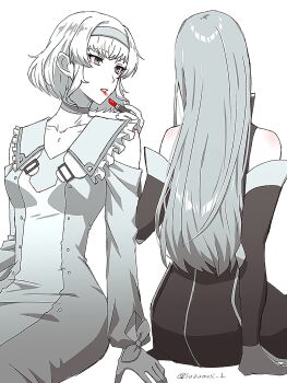 2girls bare_shoulders breasts choker collarbone commentary_request cosmetics cowboy_shot detached_sleeves dress from_behind gloves hairband highres holding holding_lipstick_tube lipstick_tube long_hair looking_at_another medium_breasts multiple_girls natalia_luzu_kimlasca_lanvaldear parted_lips red_lips short_hair sitting sleeveless sleeveless_dress suzumusi_1 tales_of_(series) tales_of_the_abyss tear_grants wrist_bow