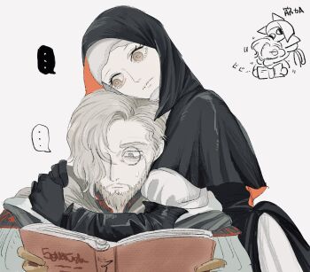 ... 1boy 1girl animal_ears black_gloves black_hood blue_eyes book bright_pupils capelet cat_ears chibi chibi_inset cloak coif commentary_request elbow_gloves elden_ring elden_ring_nightreign facial_hair gloves hair_over_one_eye highres hug looking_at_another monocle motion_lines nun reading scholar_(elden_ring) senoitiziku speech_bubble undertaker_(elden_ring) upper_body white_background white_cloak white_coif white_pupils