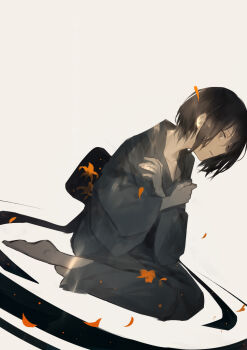 Rule 34 | 1girl, alt (apou), back bow, barefoot, black hair, black kimono, black ribbon, bow, collarbone, commentary request, crossed arms, falling petals, flower, from side, full body, grey eyes, hemerocallis, highres, japanese clothes, kimono, long ribbon, long sleeves, looking ahead, orange flower, original, parted lips, petals, ribbon, self hug, short hair, sitting, solo, white background, wide sleeves, yokozuwari