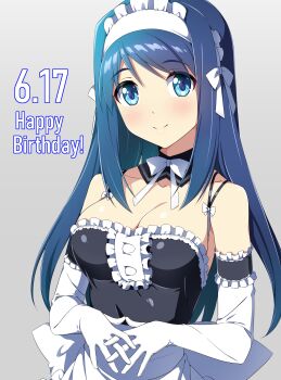 Rule 34 | absurdres, alternate costume, black tube top, blue eyes, blue hair, breasts, dated, detached collar, elbow gloves, enmaided, frilled tube top, frills, futaba aoi (vividred operation), gloves, gradient background, grey background, highres, kore ga watashi no goshujin-sama, long hair, maid, maid headdress, medium breasts, nonbe, smile, strapless, tube top, upper body, vividred operation, white gloves