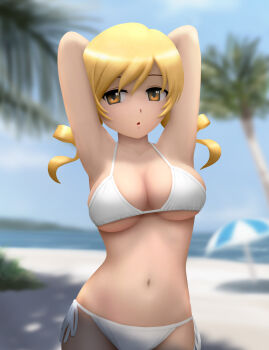 10s 1girl 3d :o armpits arms_up beach bikini blonde_hair breasts cleavage drill_hair female_focus highres large_breasts long_hair mahou_shoujo_madoka_magica mahou_shoujo_madoka_magica_(anime) navel palm_tree side-tie_bikini_bottom siraha solo swimsuit tomoe_mami tree twin_drills twintails underboob white_bikini yellow_eyes
