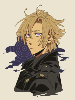 Rule 34 | 1boy, black jacket, brown hair, closed mouth, commentary request, cropped torso, daybit sem void, expressionless, fate/grand order, fate (series), grey background, highres, jacket, kokujin youhei, leather, leather jacket, looking at viewer, male focus, purple eyes, short hair, solo