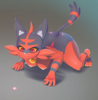 1girl :3 absurdres all_fours animal_ear_fluff animal_ears animal_nose barefoot black_fur body_fur breasts cat_ears cat_girl cat_tail closed_mouth colored_sclera completely_nude female_focus full_body furry furry_female gen_7_pokemon gradient_background hanging_breasts happy highres hitmanatee laser laser_pointer laser_pointer_projection looking_down medium_breasts nintendo nipples nude personification pokemon pokemon_(creature) red_eyes red_fur shiny_skin simple_background smile solo striped_fur striped_tail tail tail_raised torracat two-tone_fur yellow_sclera