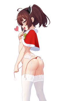 1girl absurdres ahoge ass blush bow breasts brown_hair capelet christmas fang fur-trimmed_capelet fur_trim garter_belt garter_straps headgear heart highres kiari_art loli looking_at_viewer nipples open_mouth panties pom_pom_(clothes) red_capelet red_eyes red_panties side-tie_panties simple_background skin_fang small_breasts smile solo striped_bow thighhighs touhoku_kiritan twintails underwear voiceroid white_background white_garter_belt white_garter_straps white_thighhighs