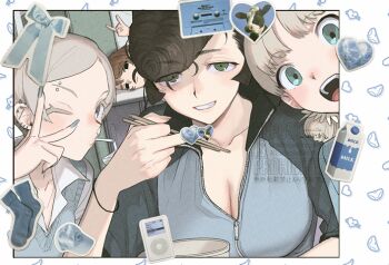 4girls aki_(girls_und_panzer) ari_(girls_und_panzer) chopsticks commentary eyebrow_piercing face_piercing girls_und_panzer katsuoboshi middle_finger mika_(girls_und_panzer) multiple_girls multiple_piercings one_eye_closed open_mouth piercing pompadour v yuri_(girls_und_panzer)