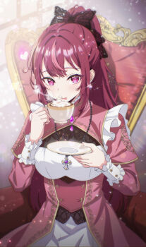 Rule 34 | 1girl, absurdres, black bow, blush, bow, breasts, chair, commentary, cream, cup, dress, earrings, frills, hair bow, heart, highres, holding, holding cup, holding plate, holding saucer, jewelry, jin-deuk-han lava, jururu, korean commentary, lens flare, light particles, long hair, long sleeves, looking at viewer, multicolored hair, necklace, pink dress, pink eyes, plate, ponytail, purple eyes, purple hair, red dress, red hair, saucer, sitting, solo, steam, symbol-shaped pupils, teacup, throne, tongue, tongue out, virtual youtuber, waktaverse