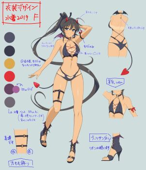 1girl arm_behind_head arm_bow armband ass bat_wings bikini_tan black_armband black_bra black_choker black_footwear black_hair black_panties black_ribbon blush bow bra breasts choker cleavage clothing_cutout color_guide concept_art cross-laced_bra dark-skinned_female dark_skin demon_horns demon_tail dimples_of_venus fake_horns fake_wings from_behind full_body green_background green_eyes groin hair_ribbon hairband heart_cutout high_heel_sandals high_heels high_ponytail homura_(senran_kagura) horn_hairband horns large_breasts linea_alba long_hair looking_at_viewer median_furrow multiple_views navel notes o-ring o-ring_bottom o-ring_bra o-ring_choker o-ring_panties o-ring_thigh_strap official_alternate_costume official_art panties pendant_choker ponytail production_art red_bow red_horns reference_sheet revealing_clothes ribbon sandals senran_kagura senran_kagura_new_link senran_kagura_shoujo-tachi_no_shin'ei shiny_skin shoulder_blades sideboob simple_background smile standing standing_on_one_leg tail tan tanline thigh_strap translation_request turnaround underwear very_long_hair wings yaegashi_nan