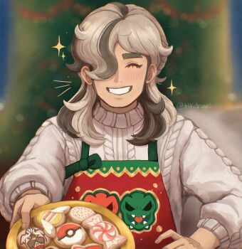 1boy apron arven_(holiday_2025)_(pokemon) arven_(pokemon) blush brown_hair character-themed_food christmas_tree closed_eyes commentary cookie dudunsparce english_commentary facing_viewer food grin holding holding_tray long_hair long_sleeves mabosstiff male_focus multicolored_hair nintendo official_alternate_costume open_mouth pokemon pokemon_masters_ex red_apron scovillain smile solo sparkle sweater teeth tlkdraws tray white_sweater