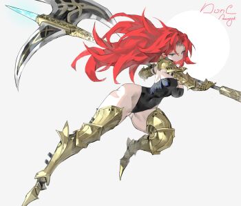 1girl absurdres armor arowana2111 axe breasts groin highres large_breasts looking_at_viewer red_hair simple_background tagme weapon