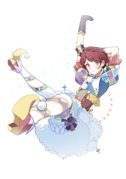 Rule 34 | 1girl, absurdres, aikatsu! (series), arm behind head, arm up, asymmetrical sleeves, black gloves, blue shirt, boots, brown corset, brown hair, character request, closed mouth, collar, commentary request, corset, cross-laced clothes, cross-laced corset, cross tattoo, detached collar, eyelashes, facial tattoo, falling, frilled collar, frilled skirt, frilled sleeves, frilled thigh strap, frills, full body, gloves, happy, high collar, high heel boots, high heels, highres, idol, light blush, looking at viewer, miniskirt, mismatched sleeves, morgue (southsakura), multicolored sleeves, petticoat, pointy boots, pom pom (clothes), purple eyes, shirt, short hair, simple background, skirt, smile, solo, sparkle, star (symbol), striped clothes, striped thighhighs, swept bangs, tattoo, thigh strap, thighhighs, white background, white collar, white skirt, white thighhighs, yellow boots