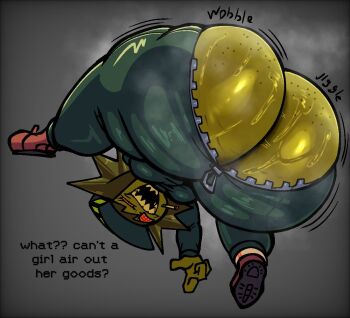 1girl anus ass back bodysuit bottomless bug butt_crack cellulite cigarette colored_skin english_text female_focus fly fly_gal_(androjuniarto) from_behind full_body furry green_hair green_skin grey_background huge_ass insect jumpsuit nanodude78 no_pupils original partially_unzipped rearing red_eyes sharp_teeth shoes shortstack simple_background solo sound_effects source_request steaming_body sweat talking teeth uneven_eyes vignetting