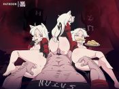 1boy 3girls animal_ears animated anus ass bluethebone blush breasts cerberus_(helltaker) demon_tail fingering food from_behind gloves helltaker helltaker_(character) hetero holding holding_tray long_hair looking_at_viewer looking_back medium_breasts multiple_girls nipples nude pancake pov pussy red_eyes sex sex_from_behind smile sound tagme tail teeth tray uncensored vaginal video video white_hair