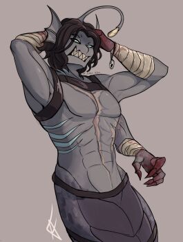 Rule 34 | 1boy, anglerfish boy, bandaged arm, bandages, black hair, blood, blood on hands, blue eyes, chest belt, chest harness, clenched teeth, commentary, crossover, empty eyes, english commentary, fake alex, fins, genre connection, hands on own head, harness, head fins, highres, iron lung (movie), looking to the side, male focus, pressure (roblox), scar, scar on chest, sebastian solace, sharp teeth, short hair, simon (iron lung), single extra arm, solo, teeth, topless male