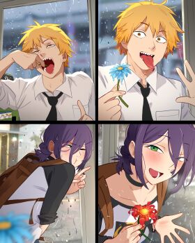 1boy 1girl 4koma backpack bag blonde_hair blood blue_flower blurry blurry_background blush chainsaw_man comic denji_(chainsaw_man) flower green_eyes khyle. one_eye_closed open_mouth purple_hair rain red_flower reze_(chainsaw_man) saliva sharp_teeth smile teeth tongue tongue_out window yellow_eyes