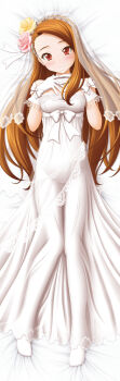10s 1girl blush brown_hair dakimakura_(medium) dress female_focus full_body gloves hands_on_own_chest idolmaster idolmaster_(classic) idolmaster_2 long_hair lying minase_iori parted_lips red_eyes sin-go solo wedding_dress