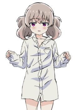 1girl absurdres fang highres naked_shirt purple_eyes riokasen shirt skin_fang sleeves_past_wrists slow_loop solo twintails white_background yoshinaga_koi