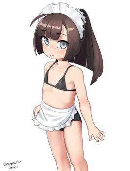 1girl absurdres aged_down ahoge akizuki_(kancolle) alternate_costume apron bikini bikini_under_clothes black_hair dated enmaided feet_out_of_frame flat_chest grey_eyes highres kantai_collection loli long_hair maid maid_headdress maru_(marg0613) one-hour_drawing_challenge simple_background solo swimsuit twitter_username waist_apron white_background