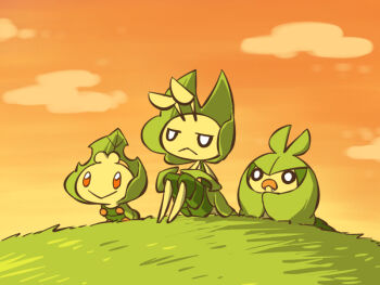 :> :< antennae closed_mouth cloud commentary_request evolutionary_line faceswap fangs fuifui gen_5_pokemon grass jitome leavanny nintendo o_o on_grass orange_sky outdoors pokemon pokemon_(creature) pokemon_focus sewaddle sitting sky smile swadloon