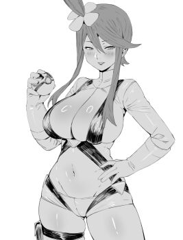 1girl blush breasts commentary crop_top gloves greyscale hair_ornament hand_on_own_hip hand_up holding holding_poke_ball holster jamjamstyle large_breasts long_hair long_sleeves looking_at_viewer midriff monochrome navel nintendo parted_lips poke_ball poke_ball_(basic) pokemon pokemon_bw revision shiny_skin short_shorts shorts sidelocks simple_background skyla_(pokemon) smile solo stomach thigh_holster thighs turtleneck white_background