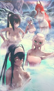 5girls absurdres anchor_(nikke) artist_name black_hair blonde_hair blue_eyes breasts cleavage closed_eyes collarbone colored_inner_hair commentary dark-skinned_female dark_skin english_commentary goddess_of_victory:_nikke green_eyes hair_between_eyes hands_on_own_hips high_ponytail highres kevin_tower large_breasts little_mermaid_(nikke) long_hair looking_at_another medium_breasts multicolored_hair multiple_girls naked_towel neon_(nikke) onsen open_mouth ponytail red_hair red_hood_(nikke) rock same-sex_bathing shared_bathing sin_(nikke) steam towel two-tone_hair very_long_hair water yellow_eyes