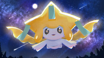 black_eyes chromatic_aberration commentary_request floating full_body gen_3_pokemon highres jirachi kikuchi_shiki legendary_pokemon looking_at_viewer mythical_pokemon night night_sky nintendo no_humans open_mouth outdoors pokemon pokemon_(creature) shooting_star sky solo star_(sky) starry_sky tanzaku