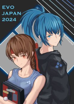 2girls blue_eyes blue_hair braid braided_ponytail breasts brown_eyes brown_hair coat female_focus holding hoshinatsue huge_breasts large_breasts leona_heidern long_hair looking_at_viewer multiple_girls pale_skin ponytail smile smiley_face the_king_of_fighters yuri_sakazaki