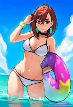 1girl adjusting_hair arm_behind_back ayase_momo bare_shoulders bikini black_choker black_trim blue_sky blush bob_cut breasts choker cleavage closed_mouth cloud commentary cowboy_shot crossed_bangs cumulonimbus_cloud dandadan earrings eyelashes frown gluteal_fold green_scrunchie groin hair_between_eyes hand_up highres holding holding_swim_ring horizon hunwari innertube jewelry light_blush light_frown long_bangs looking_at_viewer medium_breasts medium_hair messy_hair midriff navel ocean outdoors partially_immersed pendant_earring playing_with_own_hair red_eyes scrunchie sky solo standing swim_ring swimsuit thick_eyebrows thigh_strap wading white_bikini wrist_scrunchie