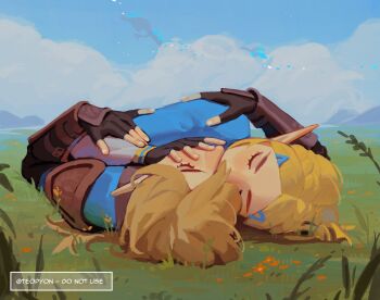 1boy 1girl arm_around_back armor black_gloves blonde_hair blue_shirt blue_tunic blush braid closed_eyes cloud cloudy_sky couple crown_braid fingerless_gloves flower gloves grass hair_between_eyes hair_ornament hairclip hand_on_another&#039;s_face hetero highres kiss leather_armor light_dragon_(zelda) link lying medium_hair nintendo on_back orange_flower outdoors parted_bangs pointy_ears princess_zelda pyonteo shirt short_hair shoulder_armor sidelocks sky the_legend_of_zelda the_legend_of_zelda:_breath_of_the_wild the_legend_of_zelda:_tears_of_the_kingdom tunic twitter_username vambraces